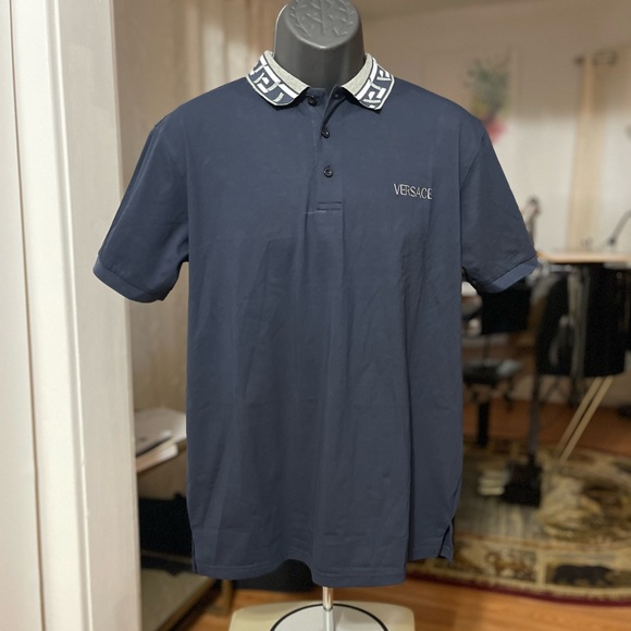 EUC Men’s Size X-Large Versace La Greca Slim-fit Accent Polo Short In Dark Navy - Picture 6 of 14